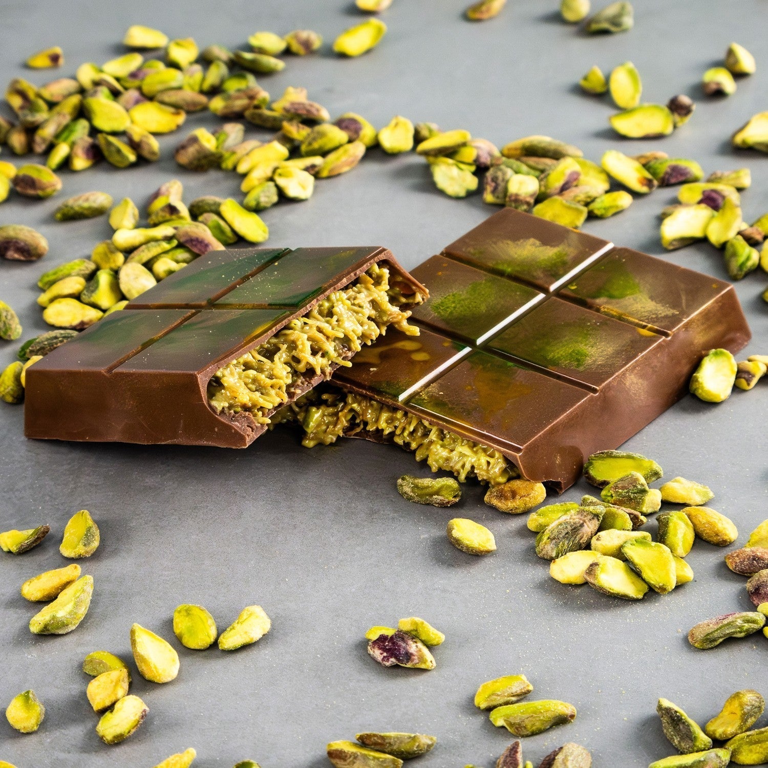 Milk chocolate pistachio kunnafa bar .