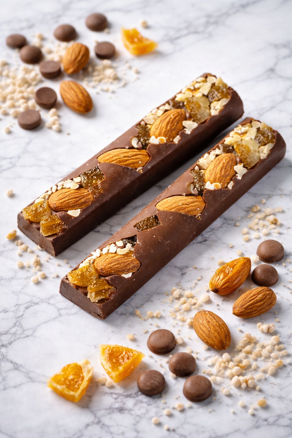 Milk chocolate bar with with nuts and orane zest.